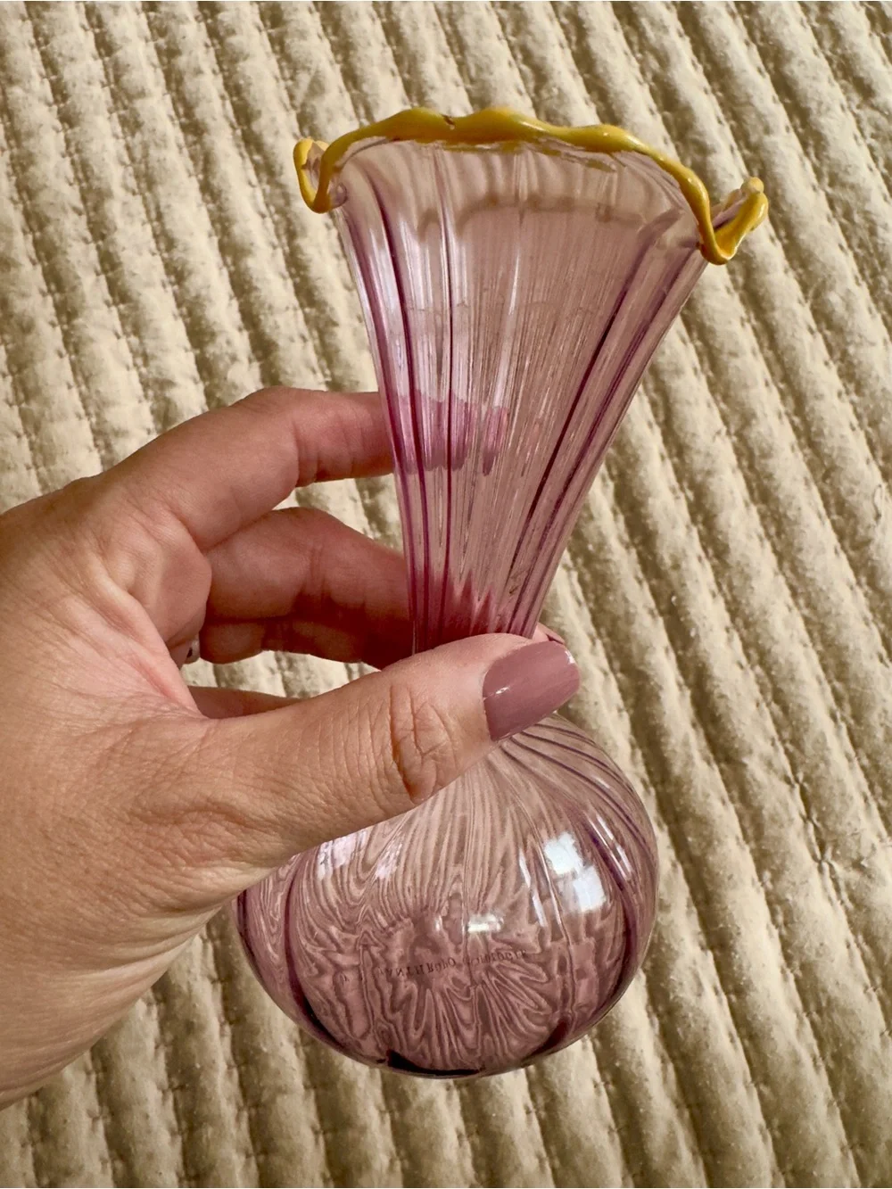 Anthropologie Lavender Glass Bud Vase with Gold-Edged Fluted Rim
